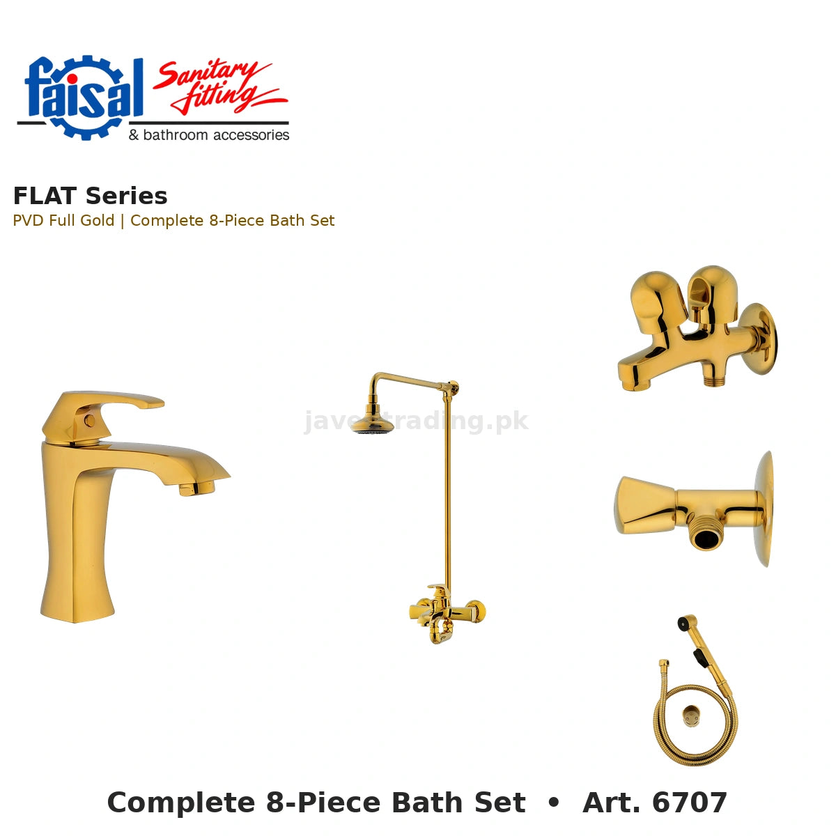 Faisal Sanitary Flat Series 6707 Complete Bath Set, 8 Pieces Single Lever Chrome, Chrome Gold, Matt Black and PVD Full Gold
