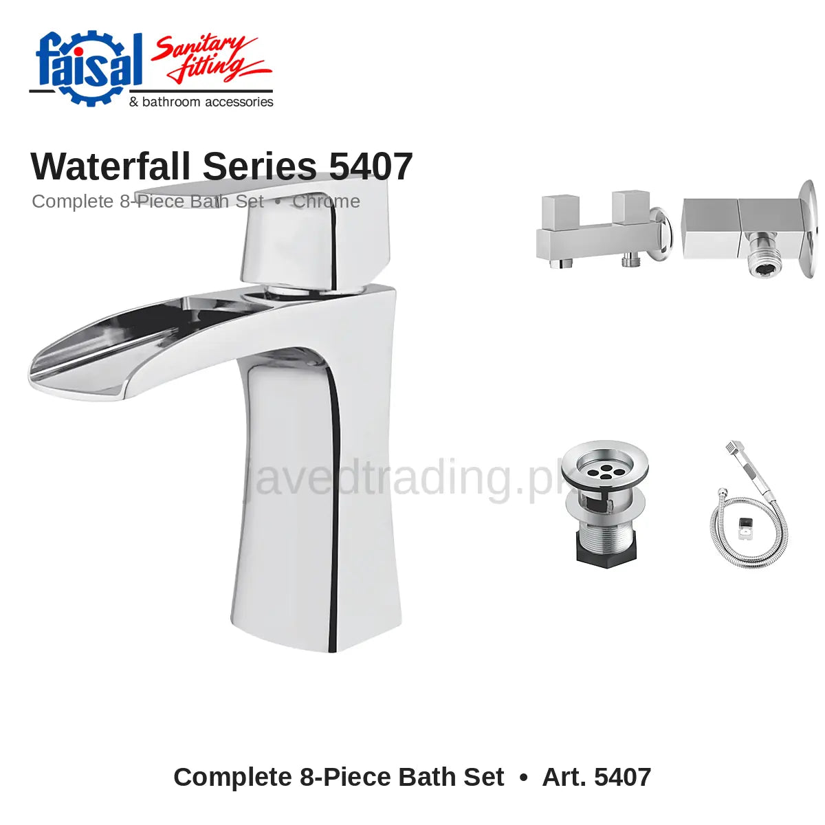 Faisal Sanitary Waterfall Series 5407 Complete Bath Set, 8 Pieces Single Lever Chrome