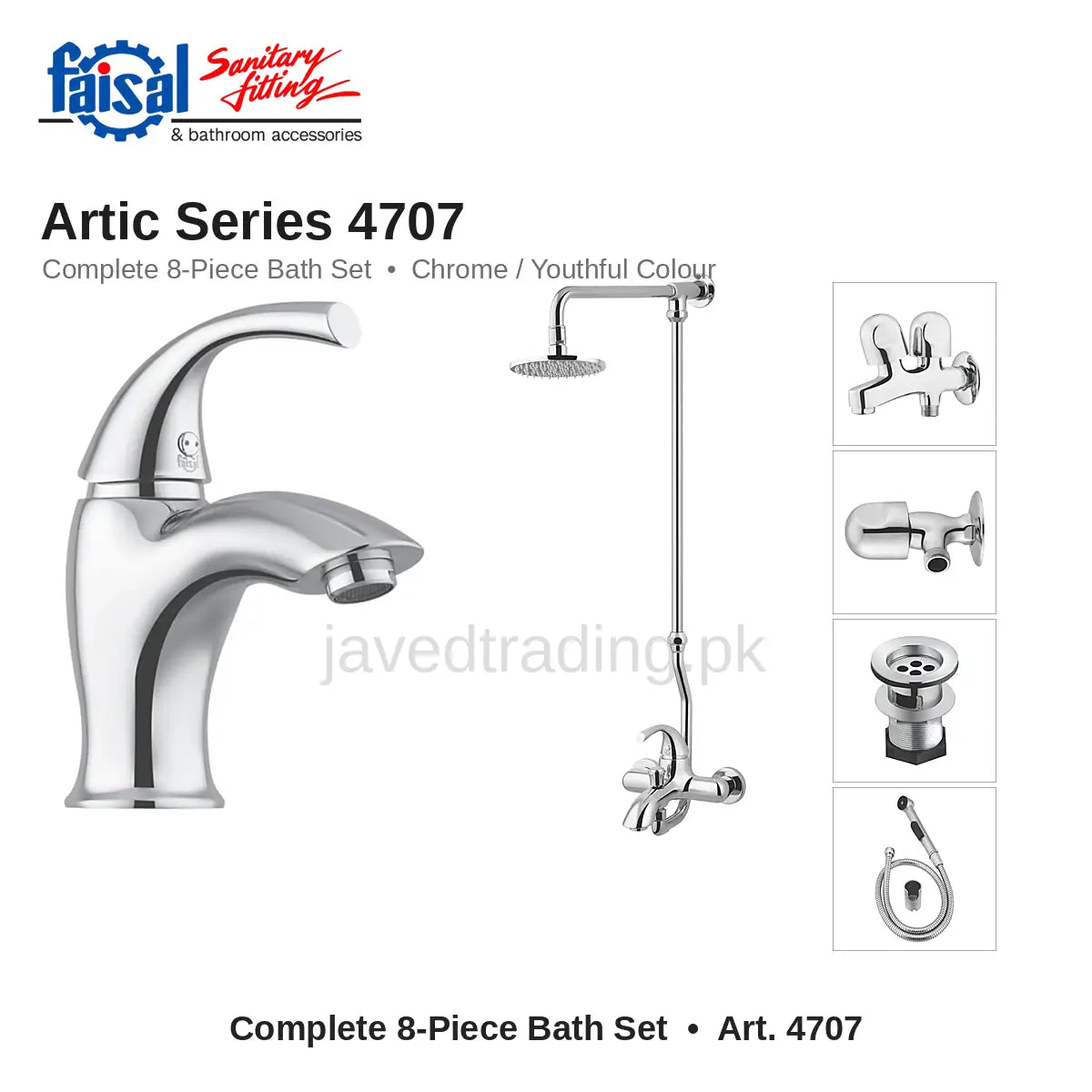 Faisal Sanitary Artic Series 4707 Complete Bath Set, 8 Pieces Single Lever Chrome and Youthful Colour