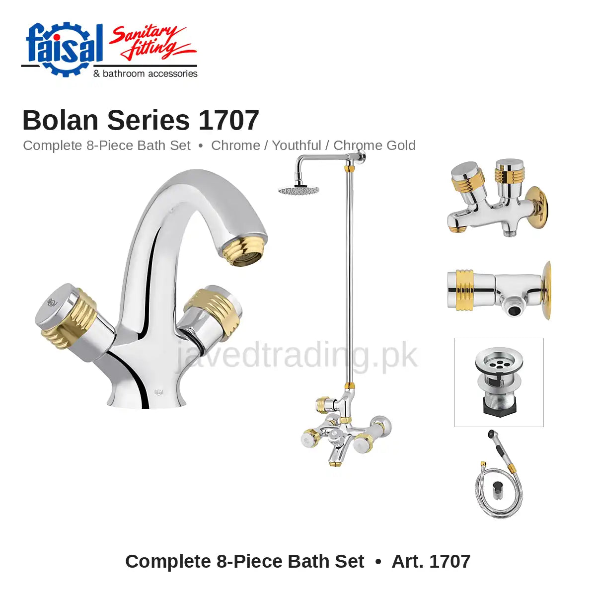 Faisal Sanitary Bolan Series 1707 Complete Bath Set, 8 Pieces Single Round Chrome, Youthful and Chrome Gold