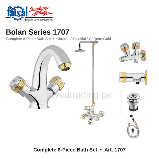 Faisal Sanitary Bolan Series 1707 Complete Bath Set, 8 Pieces Single Round Chrome, Youthful and Chrome Gold