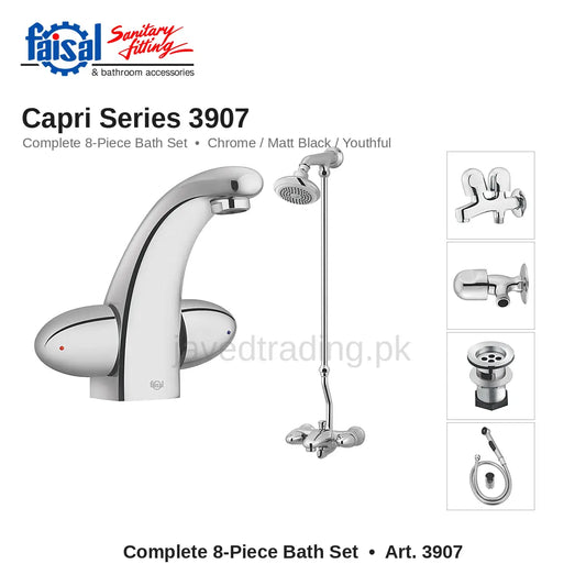 Faisal Sanitary Capri Series 3907 Complete Bath Set, 8 Pieces Quarter Round Chrome, Matt Black and Youthful Colour