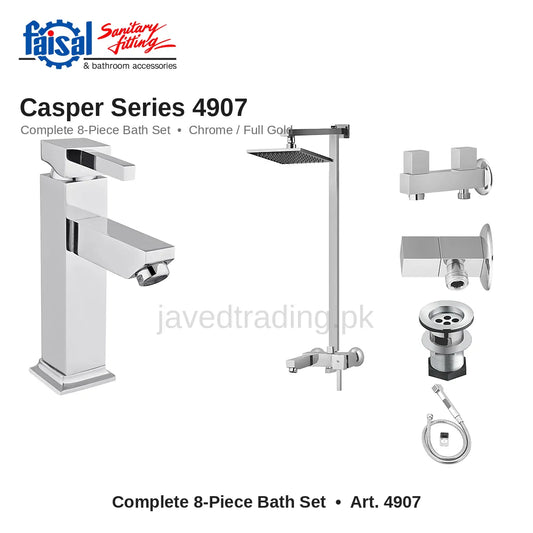 Faisal Sanitary Casper Series 4907 Complete Bath Set, 8 Pieces Single Lever Chrome and Full Gold