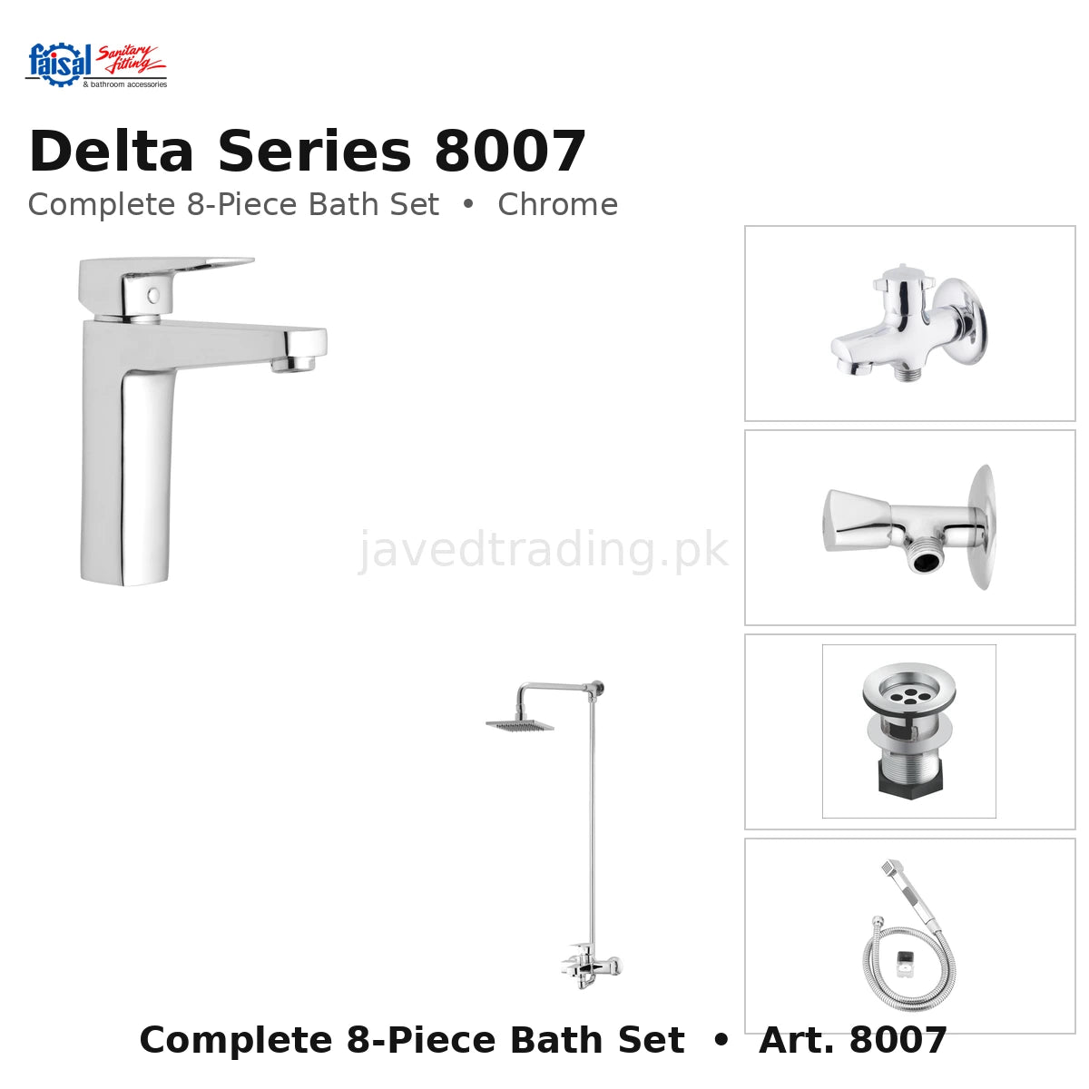 Faisal Sanitary Delta Series 8007 Complete Bath Set, 8 Pieces Single Lever Square Chrome