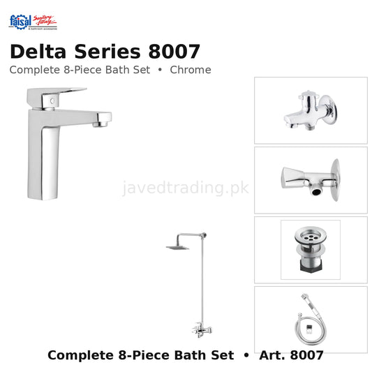Faisal Sanitary Delta Series 8007 Complete Bath Set, 8 Pieces Single Lever Square Chrome
