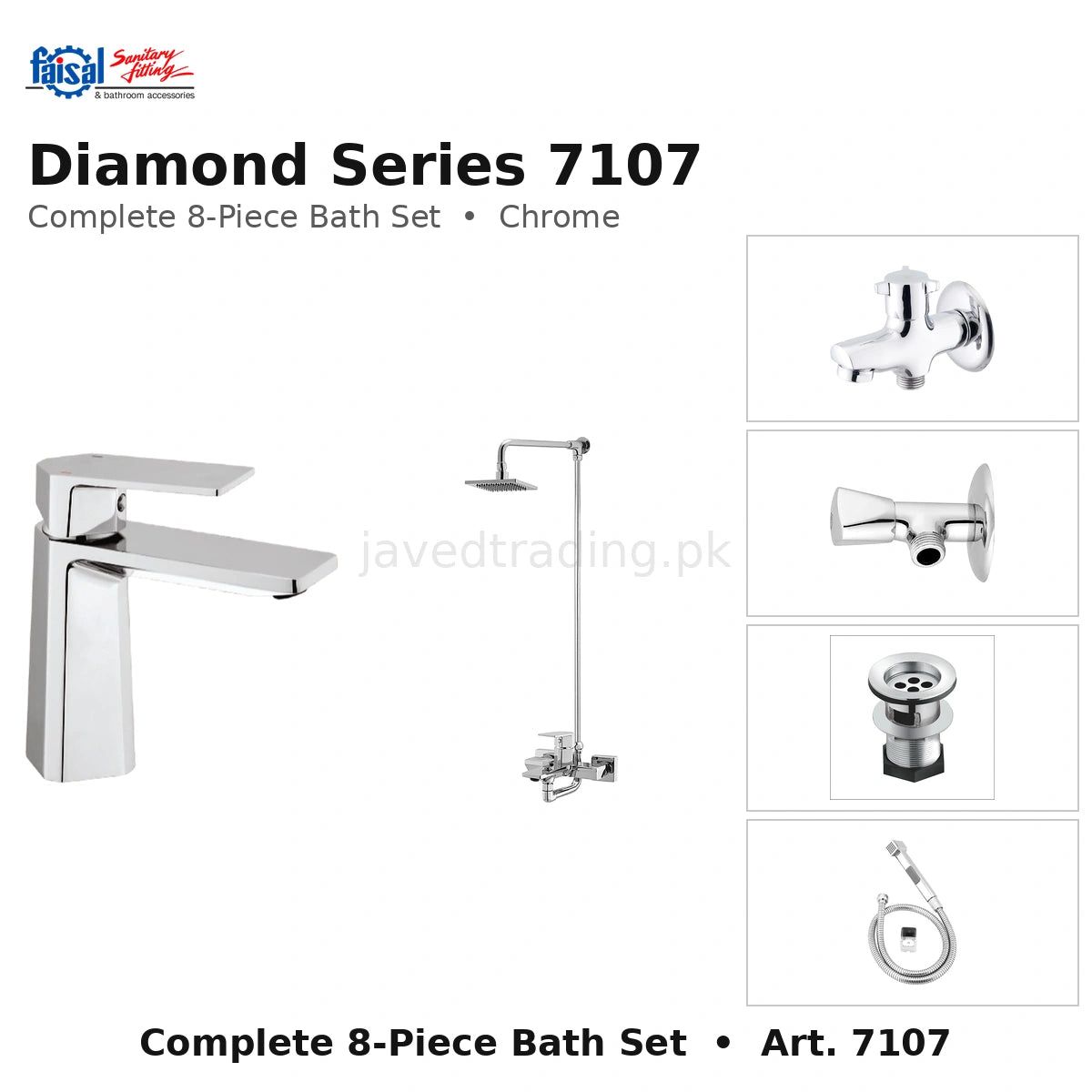 Faisal Sanitary Diamond Series 7107 Complete Bath Set, 8 Pieces Single Lever Square Chrome
