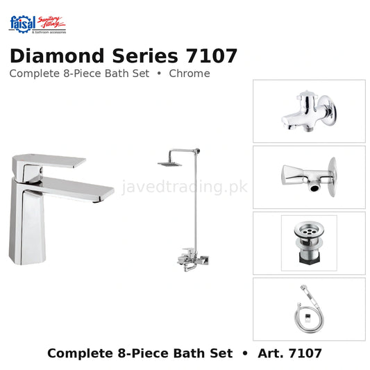 Faisal Sanitary Diamond Series 7107 Complete Bath Set, 8 Pieces Single Lever Square Chrome