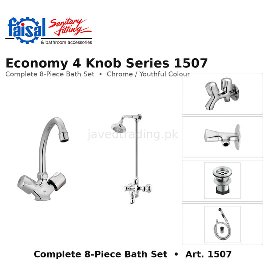 Faisal Sanitary Economy 4 Knobs Series 1507 Complete Bath Set, 8 Pieces Full Round Chrome and Youthful Colour