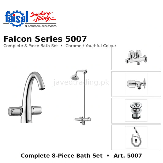 Faisal Sanitary Falcon Series 5007 Complete Bath Set, 8 Pieces Quarter Round Chrome and Youthful Colour