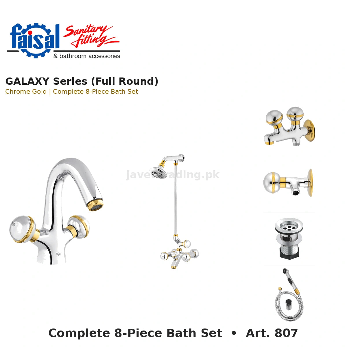 Faisal Sanitary Galaxy Series 807 Complete Bath Set, 8 Pieces Full Round Chrome, Youthful Colour and Chrome Gold