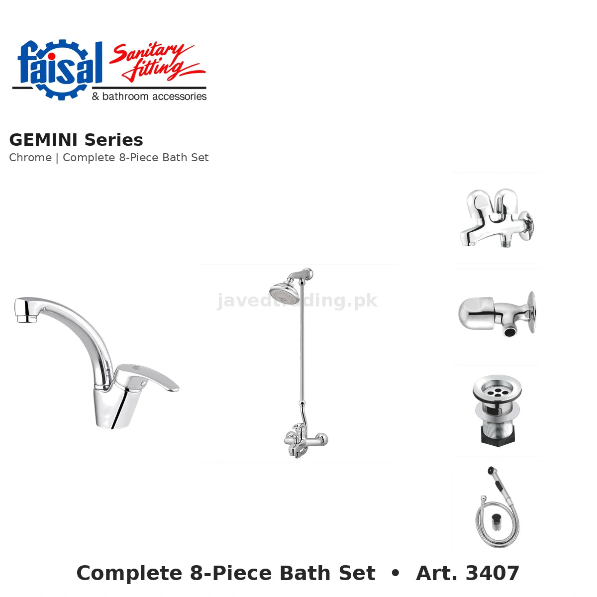 Faisal Sanitary Gemini Series 3407 Complete Bath Set, 8 Pieces Single Lever Chrome and Youthful Colour
