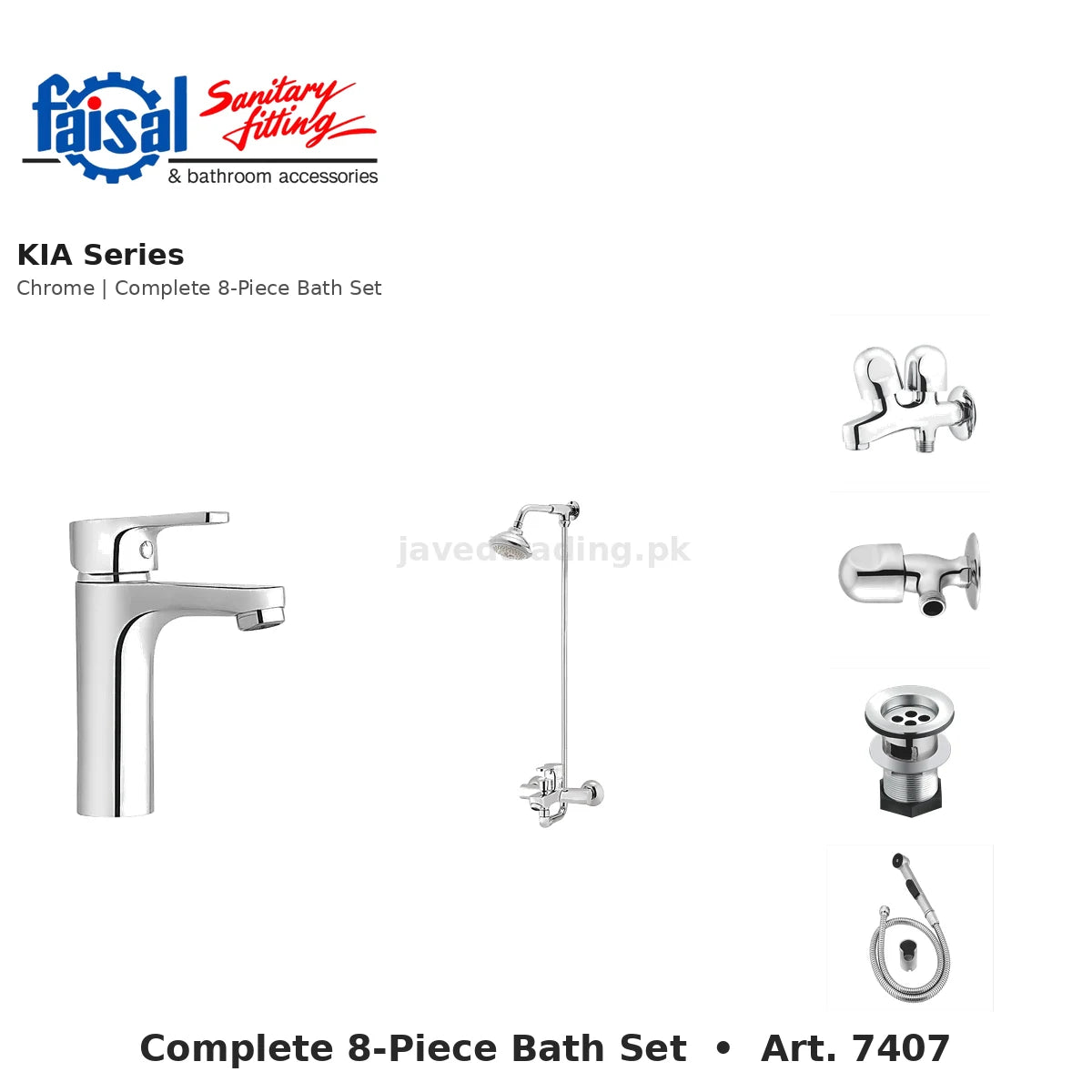 Faisal Sanitary Kia Series 7407 Complete Bath Set, 8 Pieces Single Lever Chrome
