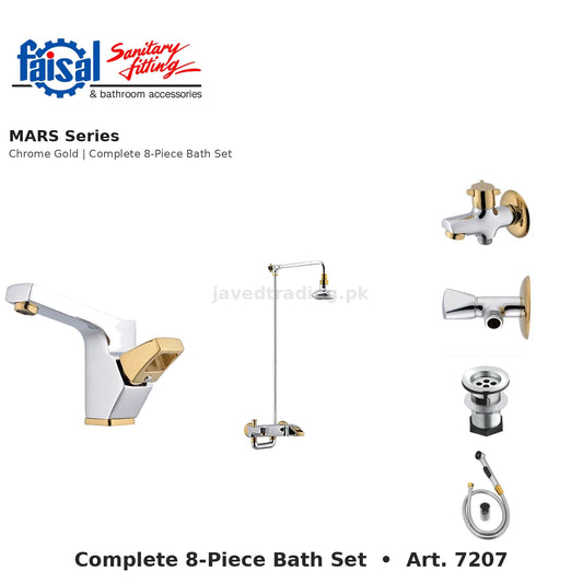 Faisal Sanitary Mars Series 7207 Complete Bath Set, 8 Pieces Single Lever Chrome, Chrome Gold, Matt Black and PVD Full Gold