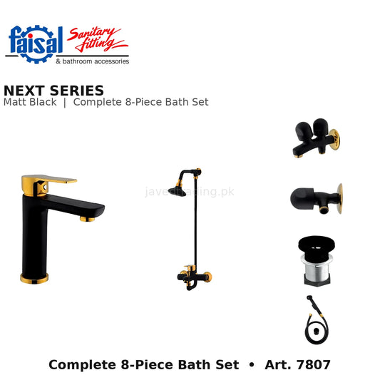 Faisal Sanitary Next Series 7807 Complete Bath Set, 8 Pieces Single Lever Chrome, Chrome Gold, Matt Black and PVD Full Gold