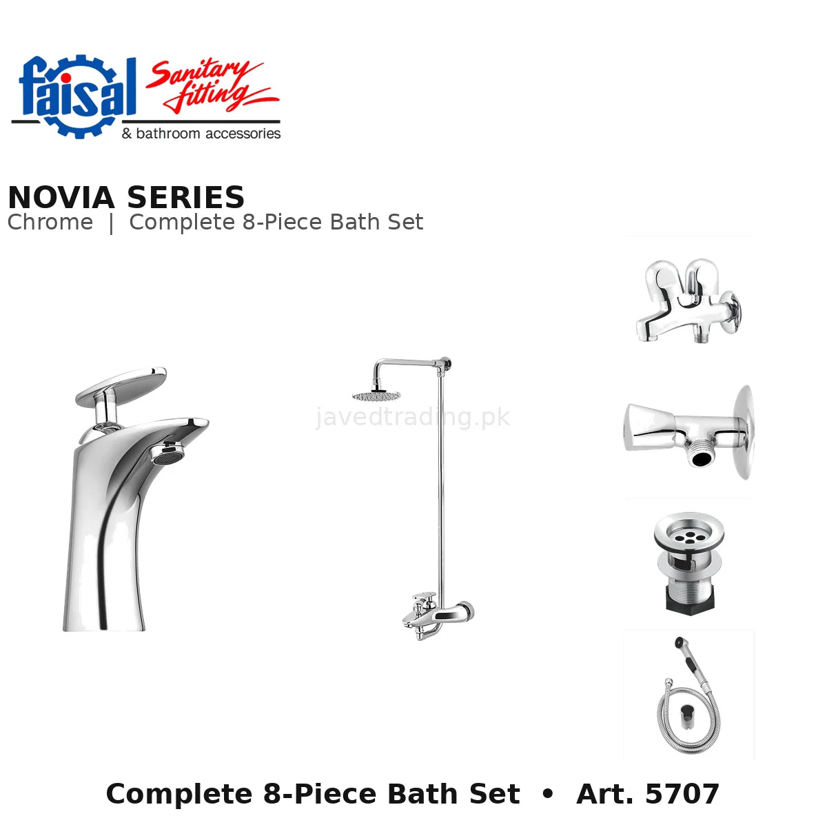Faisal Sanitary Novia Series 5707 Complete Bath Set, 8 Pieces Single Lever Chrome