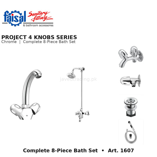 Faisal Sanitary Project 4 Knobs Series 1607 Complete Bath Set, 8 Pieces Full Round Chrome and Youthful Colour
