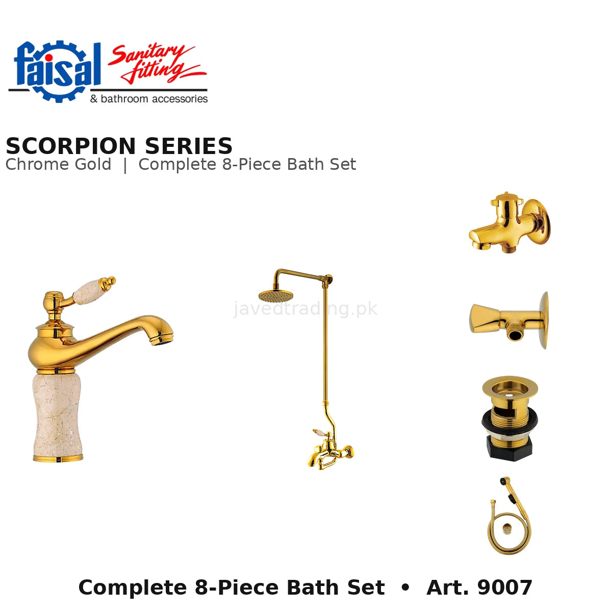 Faisal Sanitary Scorpion Series 9007 Complete Bath Set, 8 Pieces Single Lever Chrome, Chrome Gold, Matt Black and PVD Full Gold