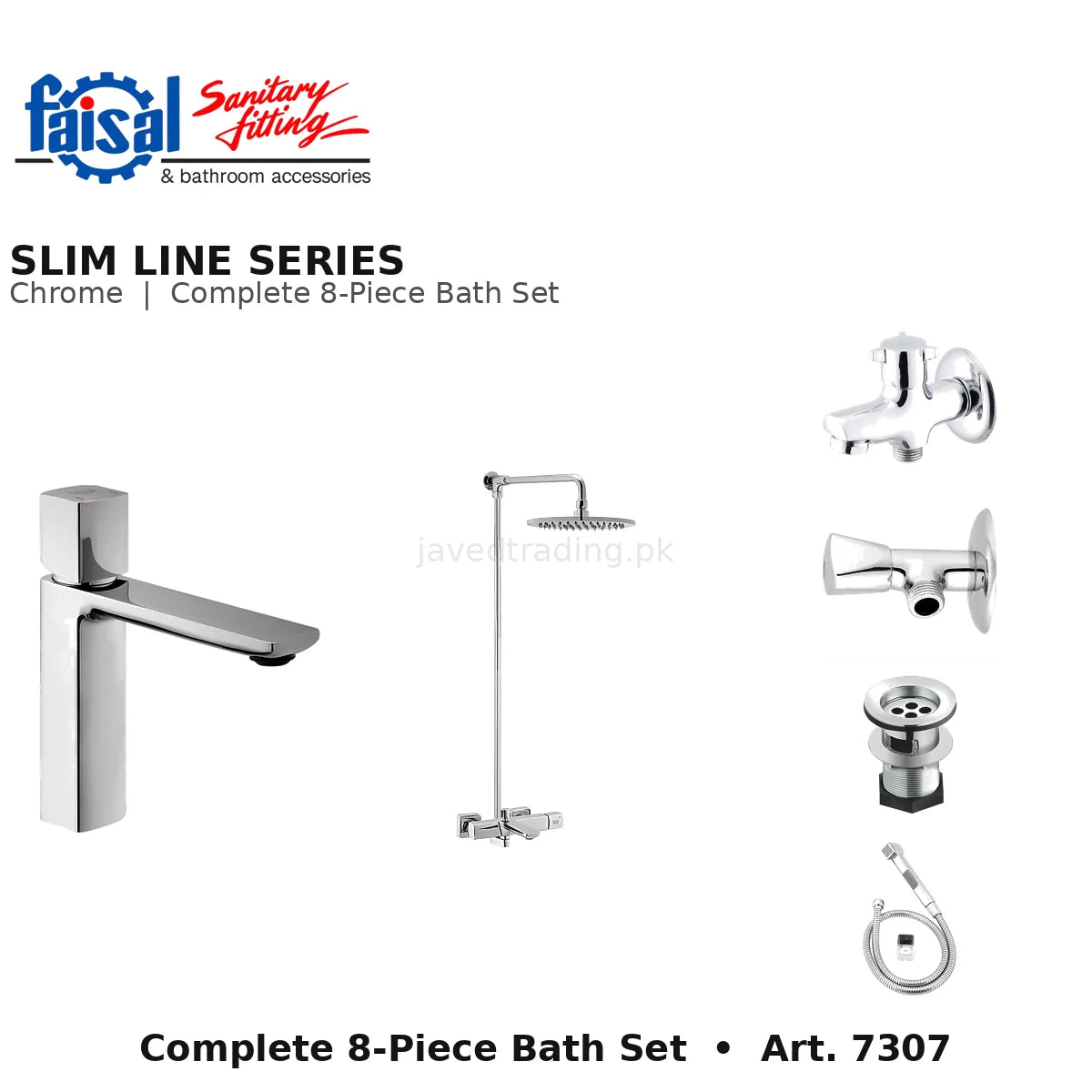 Faisal Sanitary Slim Line Series 7307 Complete Bath Set, 8 Pieces Single Lever Square Chrome