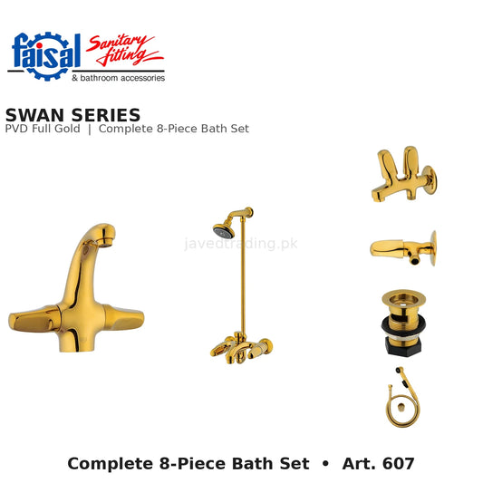 Faisal Sanitary Swan Series 607 Complete Bath Set, 8 Pieces Full Round Chrome, Youthful Colour and PVD Full Gold