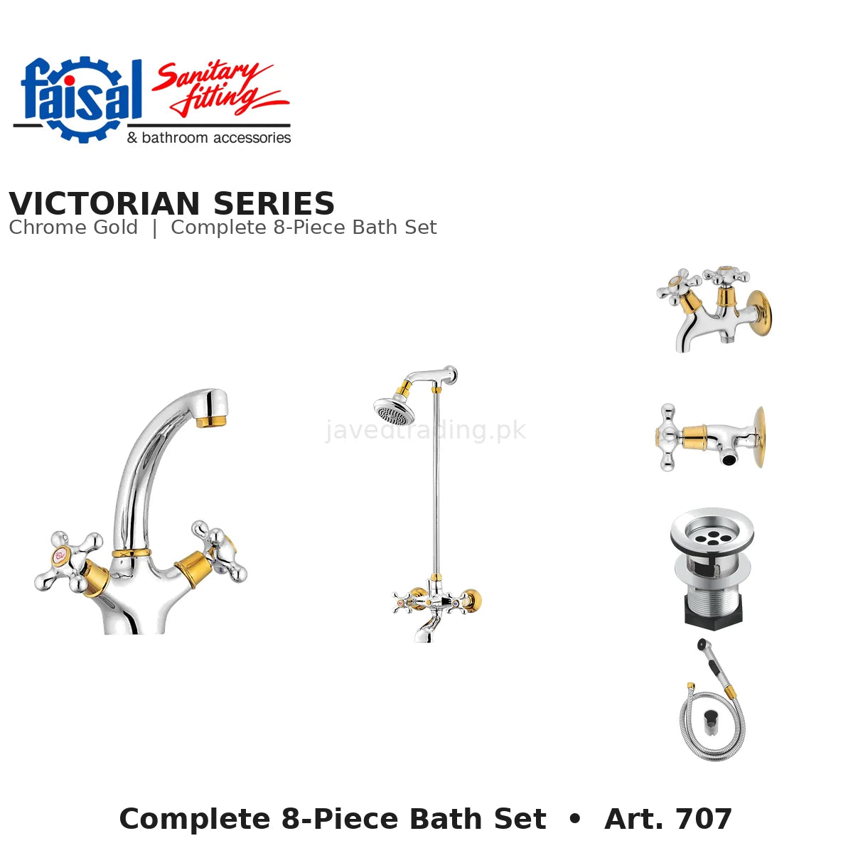 Faisal Sanitary Victorian Series 707 Complete Bath Set, 8 Pieces Full Round Chrome, Youthful Colour and Chrome Gold