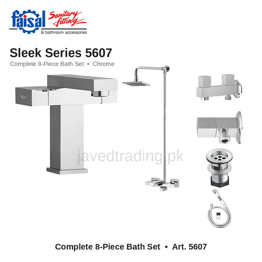 Faisal Sanitary Sleek Series 5607 Complete Bath Set, 8 Pieces Single Lever Square Chrome